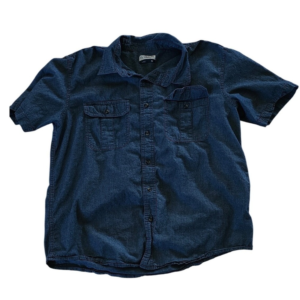 Magellan Outdoors Mens XL Blue Short Sleeve Button Down Shirt Cotton Pocket #440